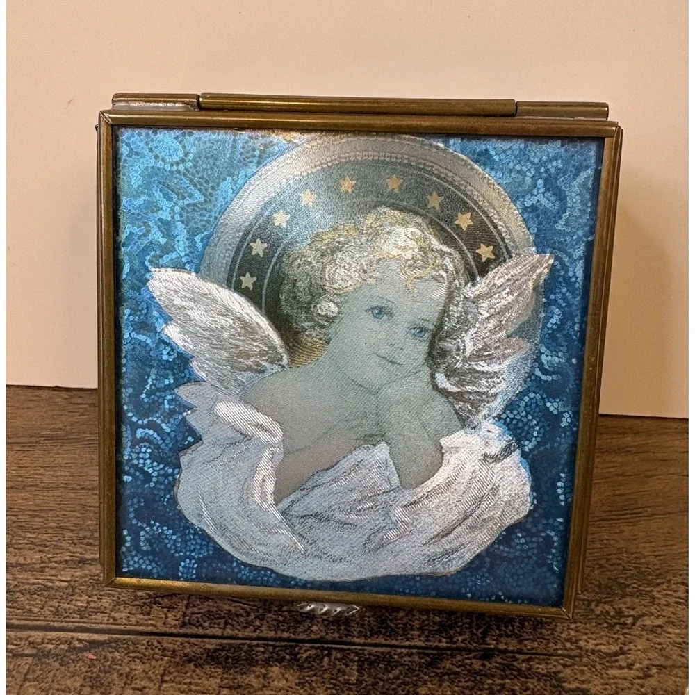 Vintage Iridescent Angel Trinket Jewelry Box Thomas Cathey Metal Glass Blue